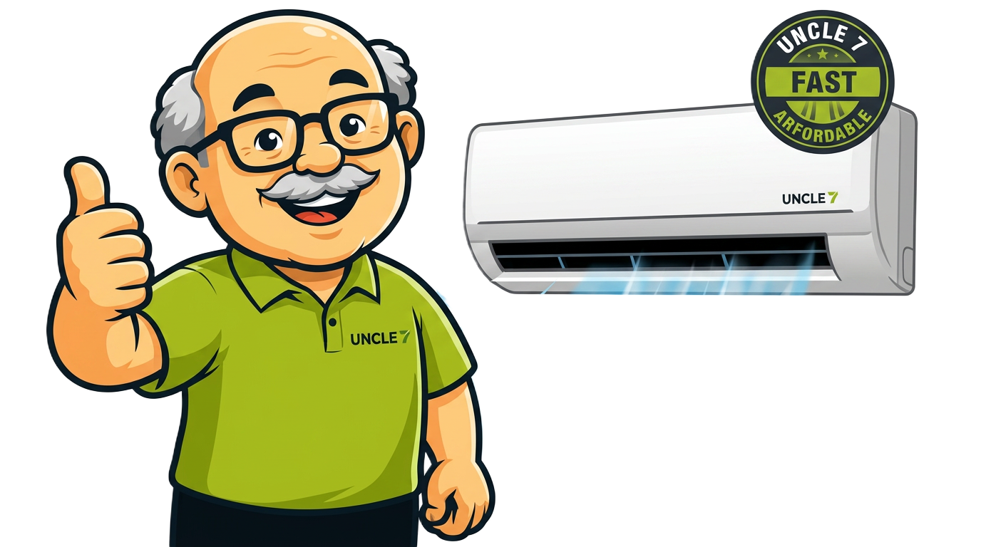 Uncle 7 with wall-mounted aircon blowing cool air